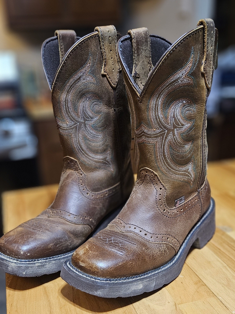 Justin Boots Brown Western Pull-On Work Boots with Embroidered Shaft